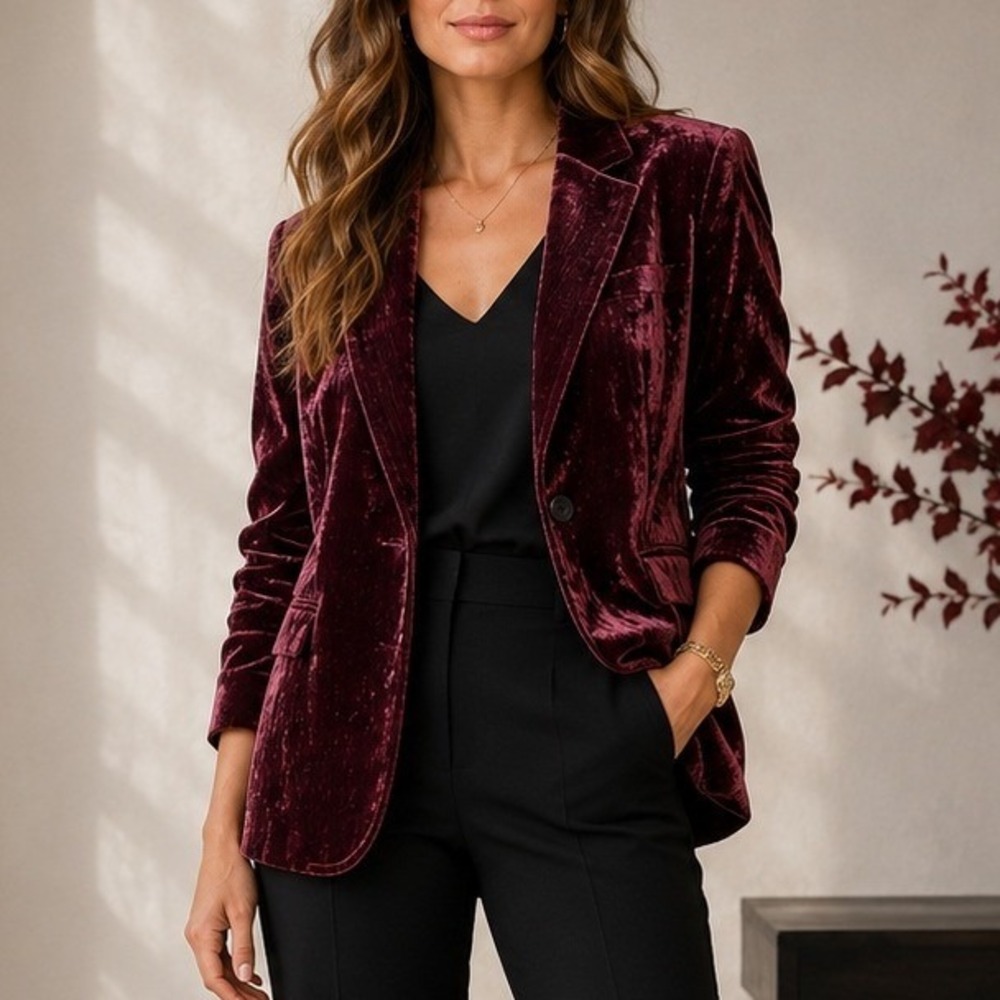 Investments Petites Blazer Burgundy Crushed Velvet Single Button Holiday Luxe PL